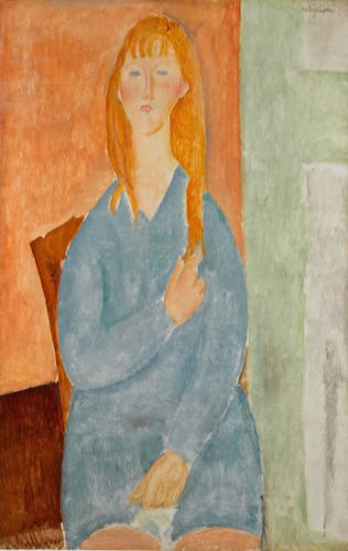 Amedeo Modigliani, Jeune fille assise, les cheveux dénoués (Jeune fille en bleu), 1919 | Article on ArtWizard