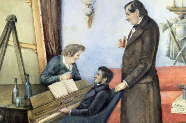 Картина Петра Каратыгина «К. П. Брюллов, Н. В. Кукольник и М. И. Глинка» из собрания музея музыкальной культуры им. Глинки в Москве.